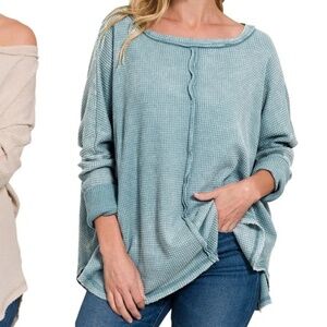 Zenana Acid Wash Cotton Waffle Tunic with Raw Edges and Long sleeves-Blue Gray